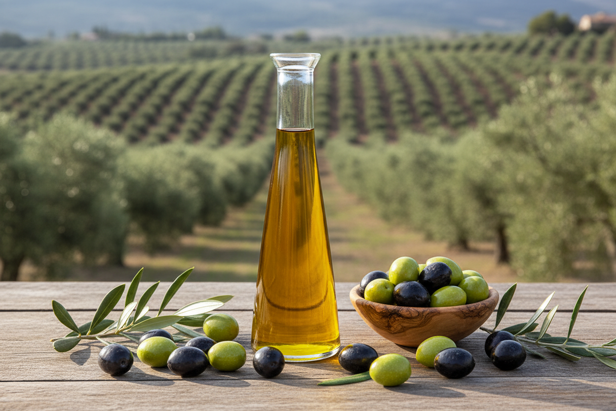imagen marketinera de botella de aceite de oliva sin etiqueta ni marca al estilogourmet con aceitunas muy elegante todo con fondo de platacion de aceituna