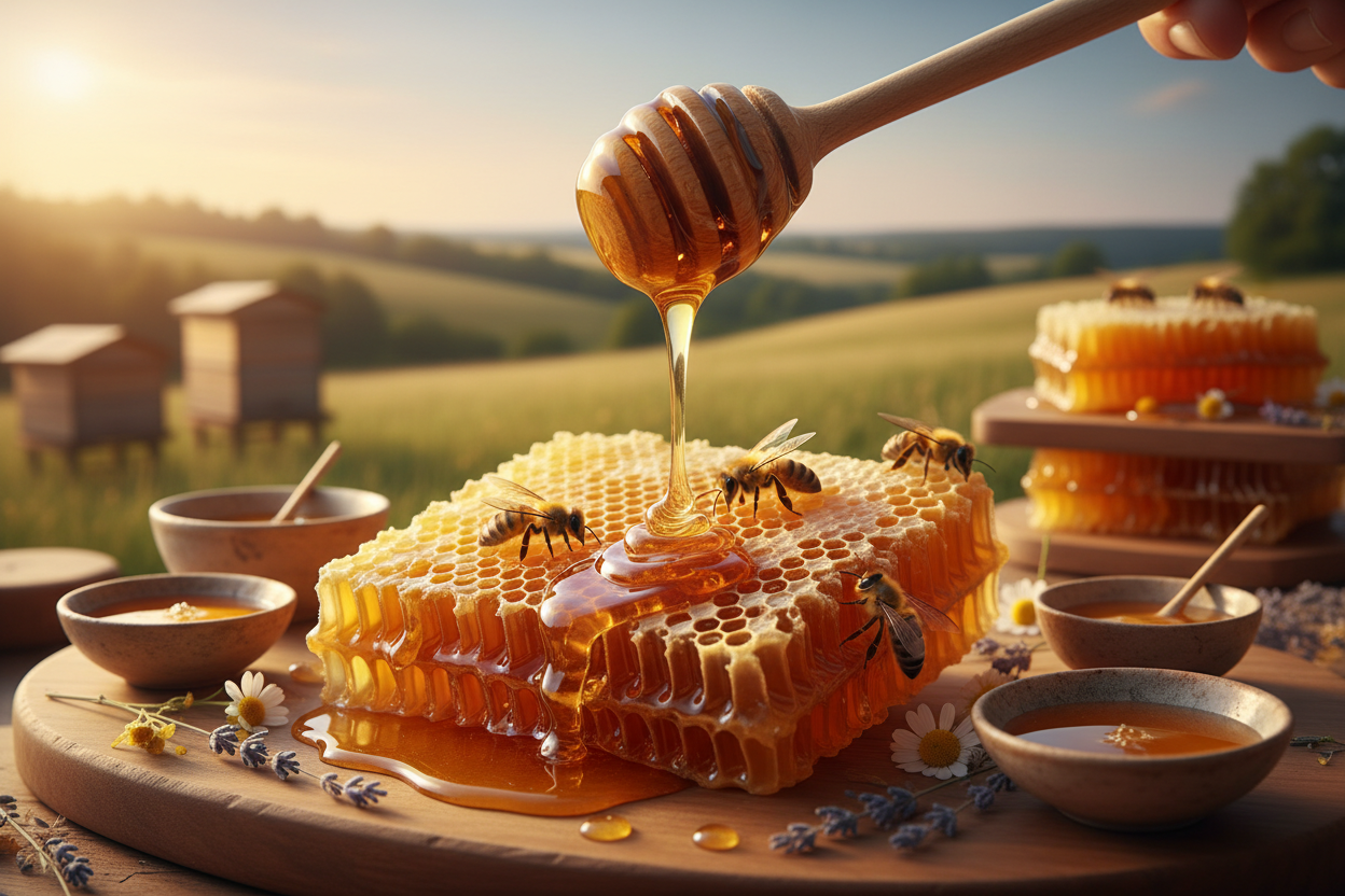 miel abejas panales cuhara de miel estilo gourmet con el fondo de campoc ocn panales