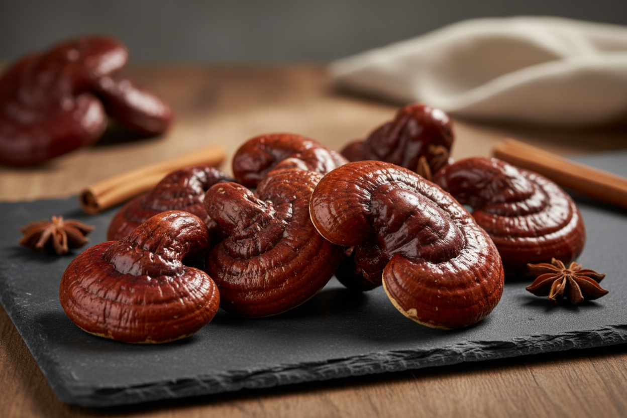 una imagen de hongos reishi mostrados d euna forma entera y gourmet para una tienda botique de alimentos